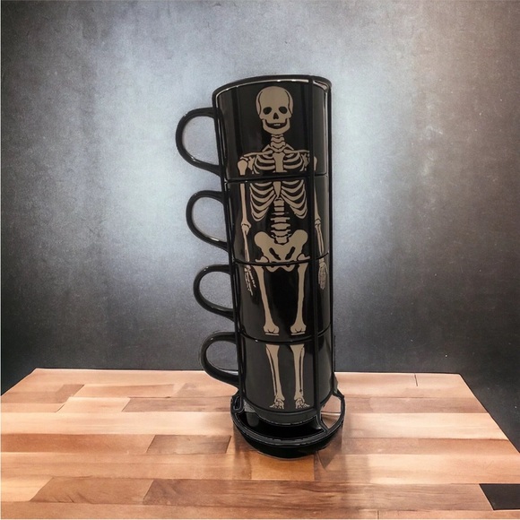 Set Of 4 Black & White Skeleton Stacking Stackable Mugs w Wire Rack Goth Tower - Picture 4 of 11